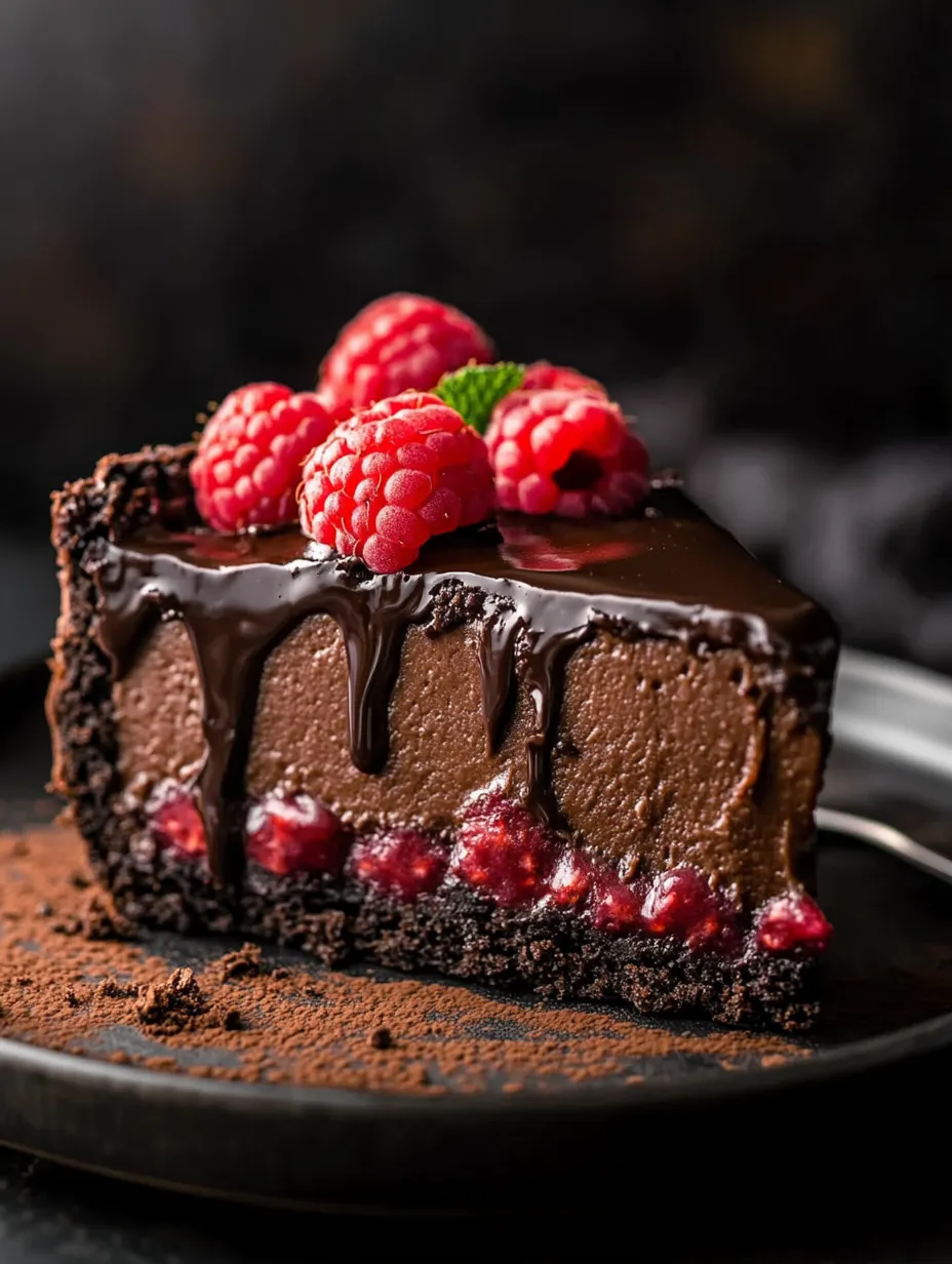 Ein Stück Schokokuchen mit Himbeeren obendrauf.