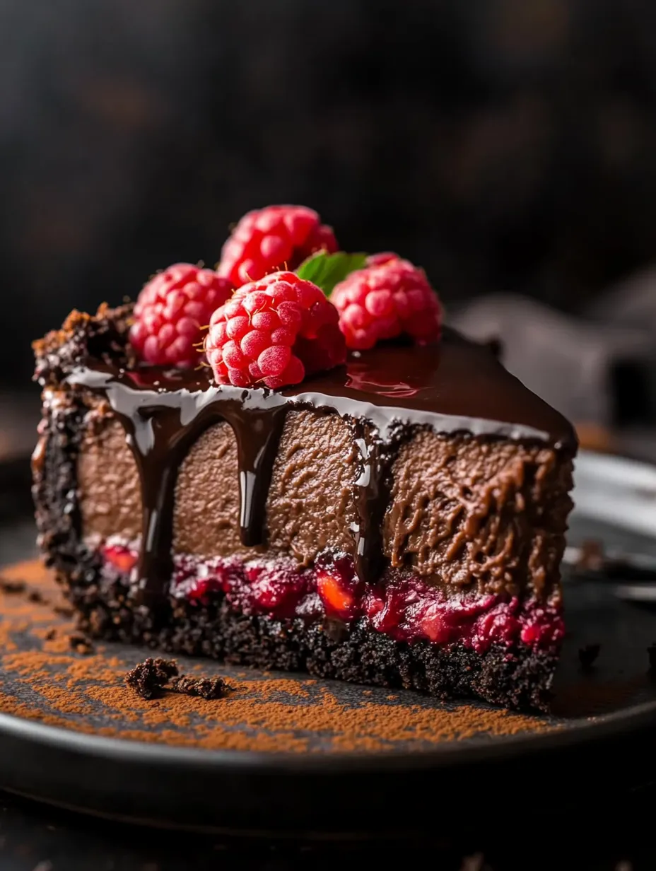 Ein Stück Schokokuchen mit Himbeeren obendrauf.