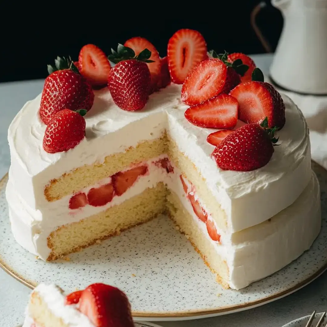 Ein Kuchenstück mit Erdbeeren oben drauf.