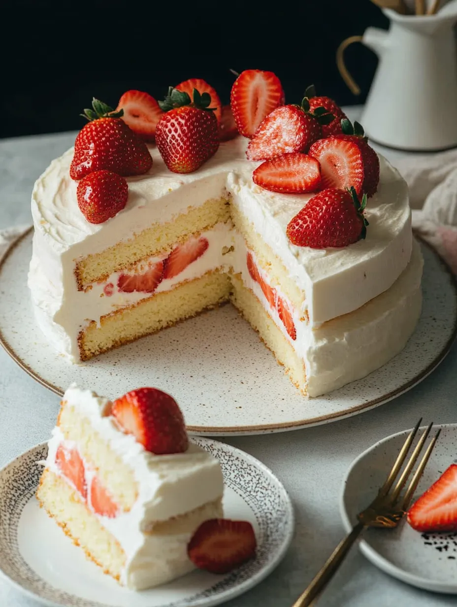 Ein Stück Kuchen mit Erdbeeren oben drauf.