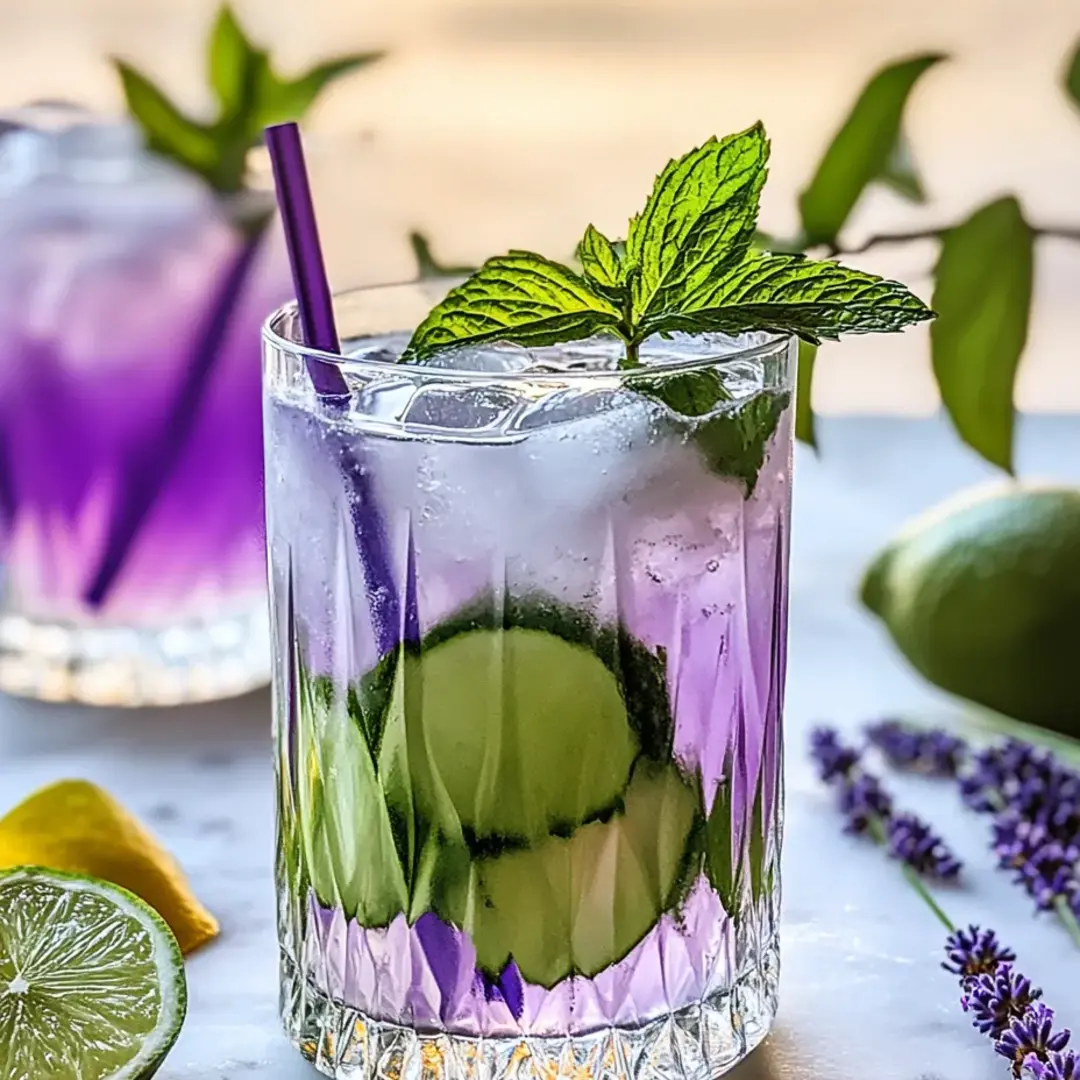Ein Glas lila Drink mit Gurkengarnitur.