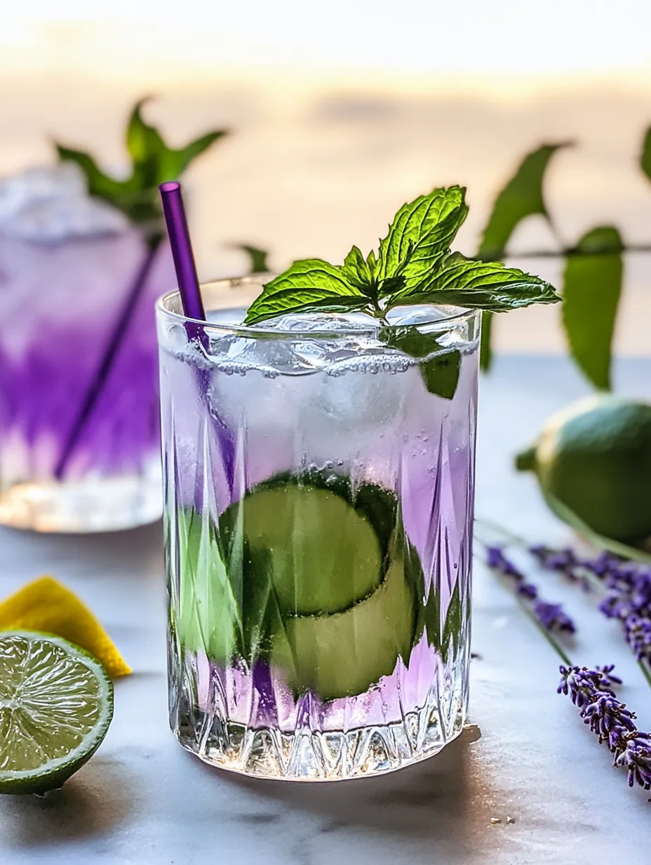 Ein lilafarbenes Getränk im Glas, dekoriert mit Minze.