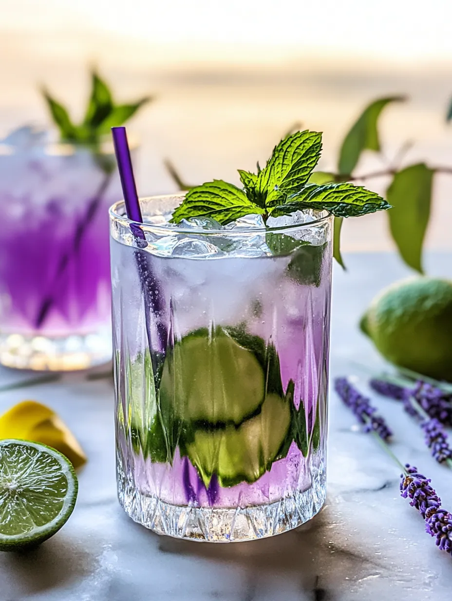 Ein lilafarbenes Getränk im Glas, dekoriert mit Minze.