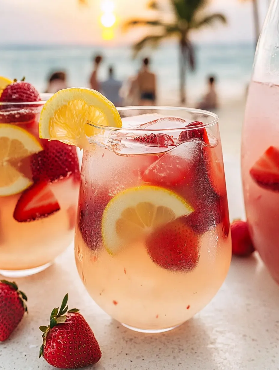 Drei Gläser rosa Getränk mit Erdbeeren und Zitrone.