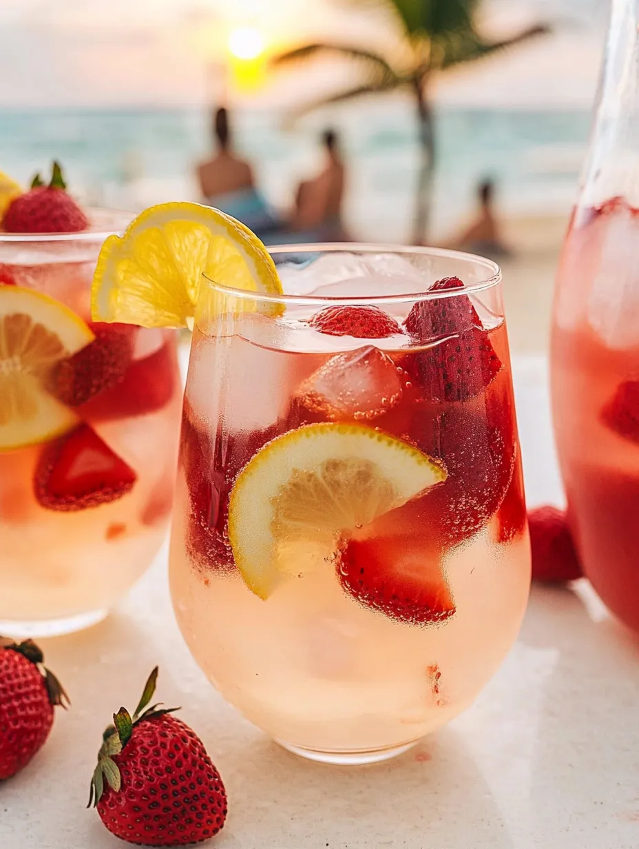 Zwei Gläser rosa Getränk mit Erdbeeren und Zitronenscheiben.