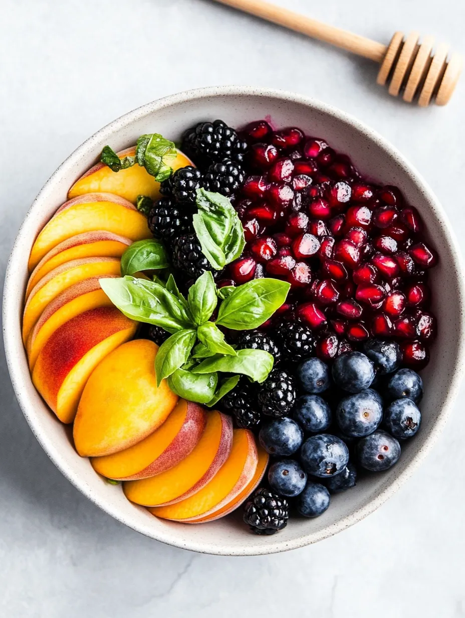 Eine Schale mit Heidelbeeren, Pfirsichen und Brombeeren.