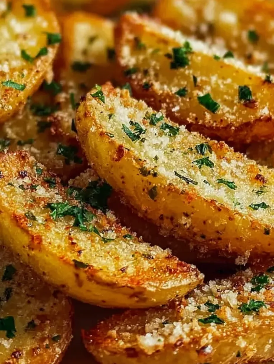 Nahaufnahme von Kartoffelspalten mit Petersilie.