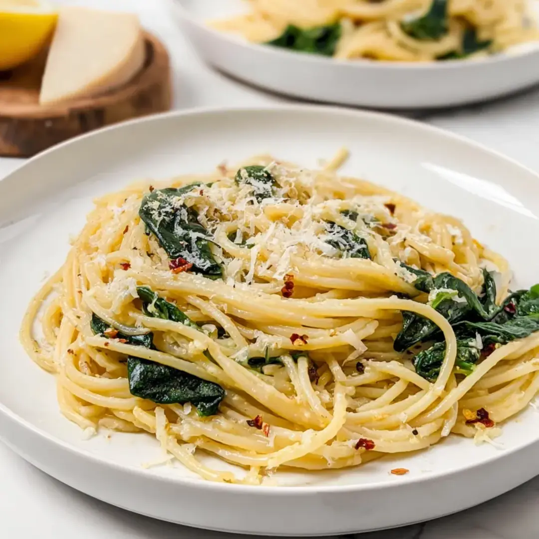 Ein Teller Spaghetti mit Parmesan und Spinat.