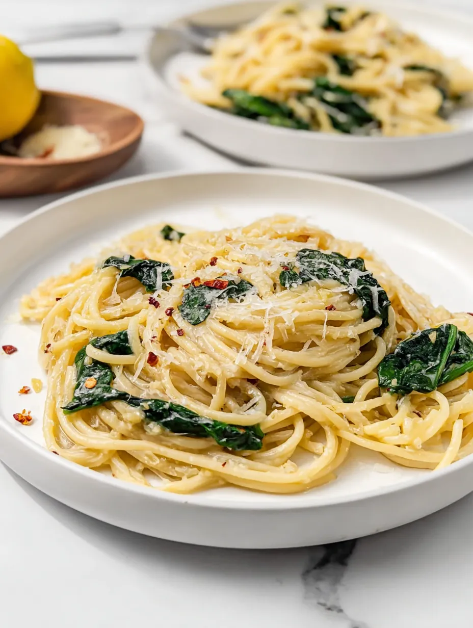 Ein Teller Spaghetti mit Käse und Spinat.