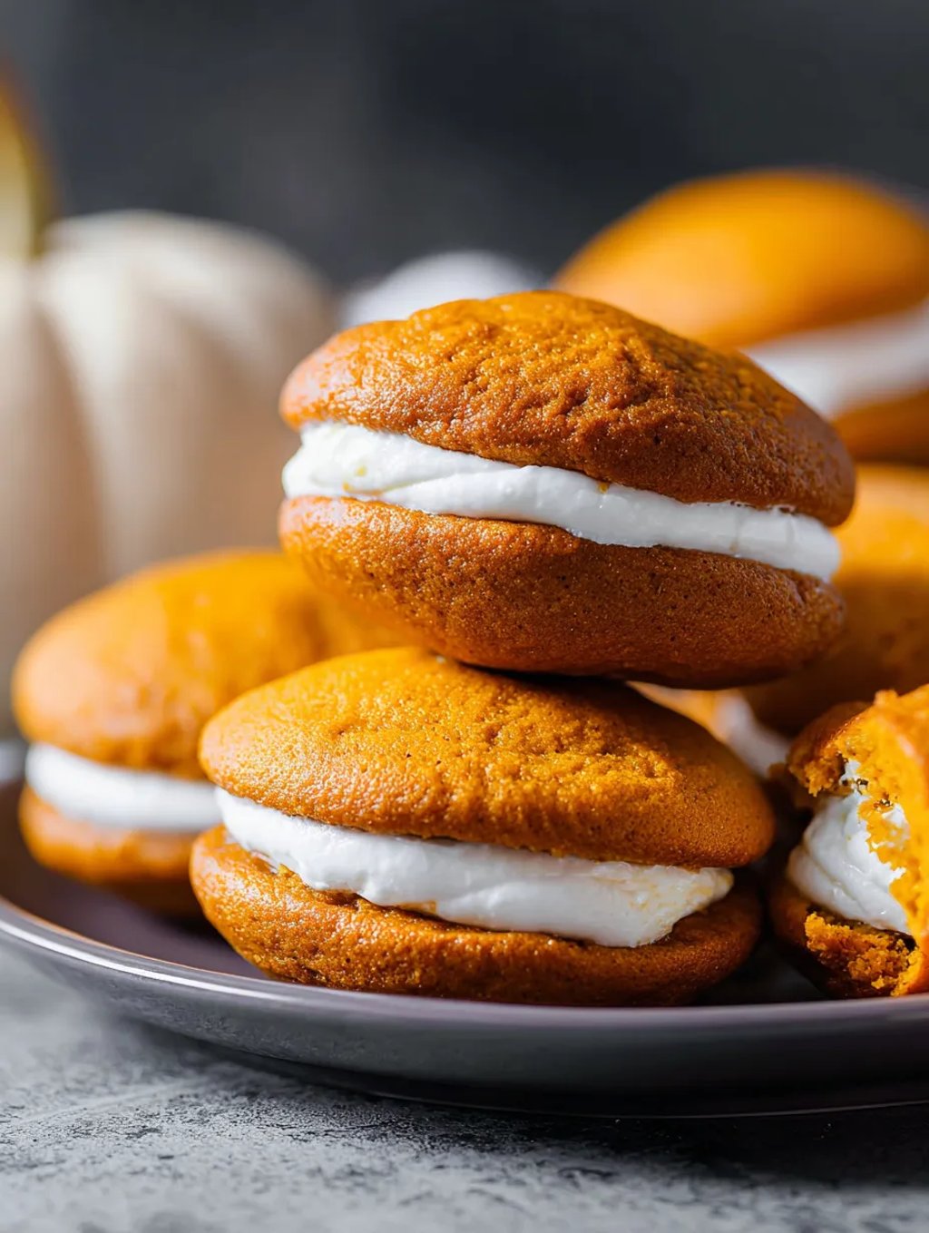 Kürbis-Whoopie-Pies auf einem Teller.