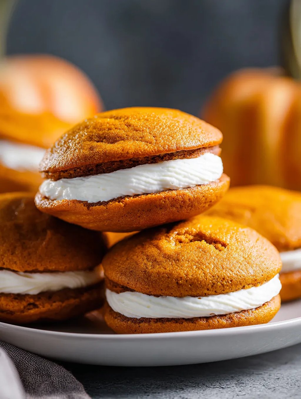Kürbis-Whoopie-Pies gestapelt auf einem Teller.