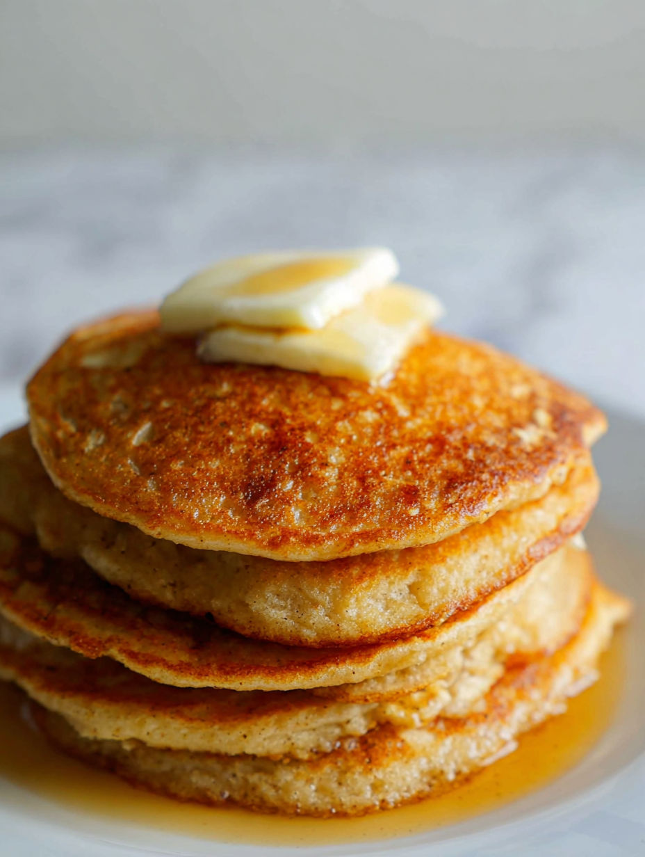 Ein Stapel Pfannkuchen mit Butter oben drauf.