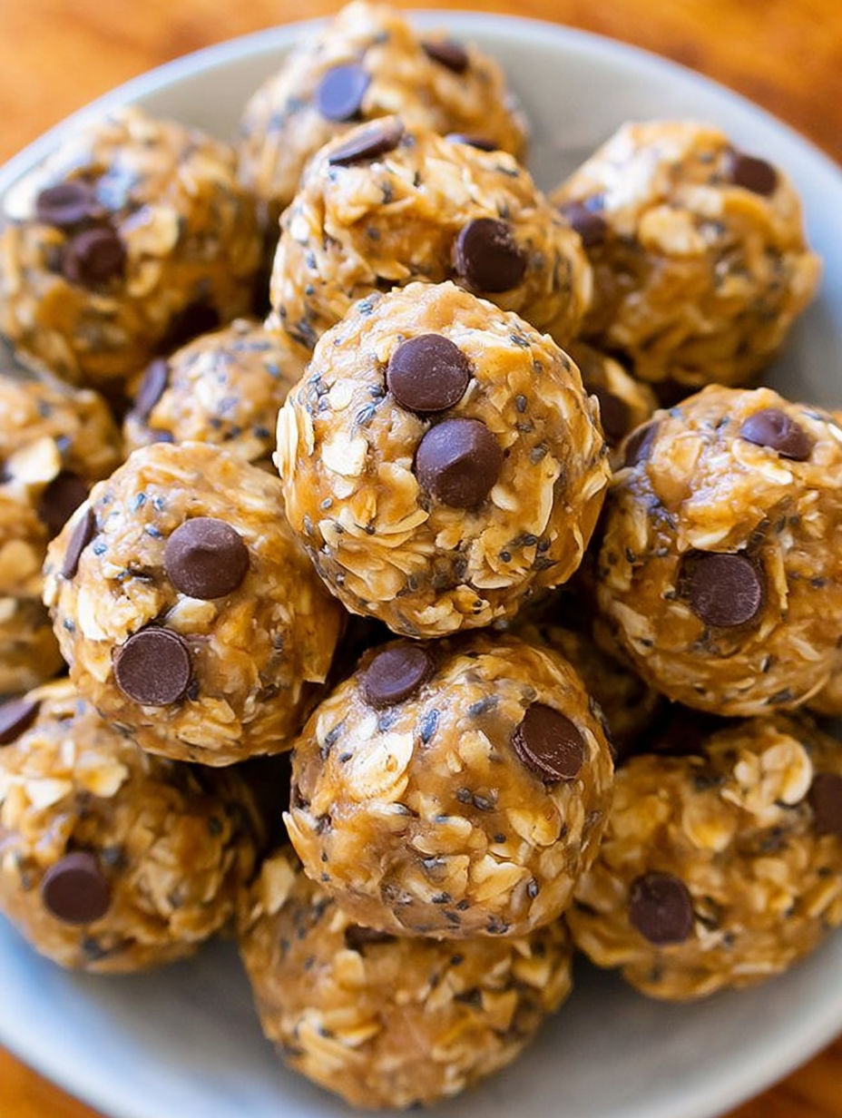 Ein Teller Energiekugeln mit Schokostückchen.