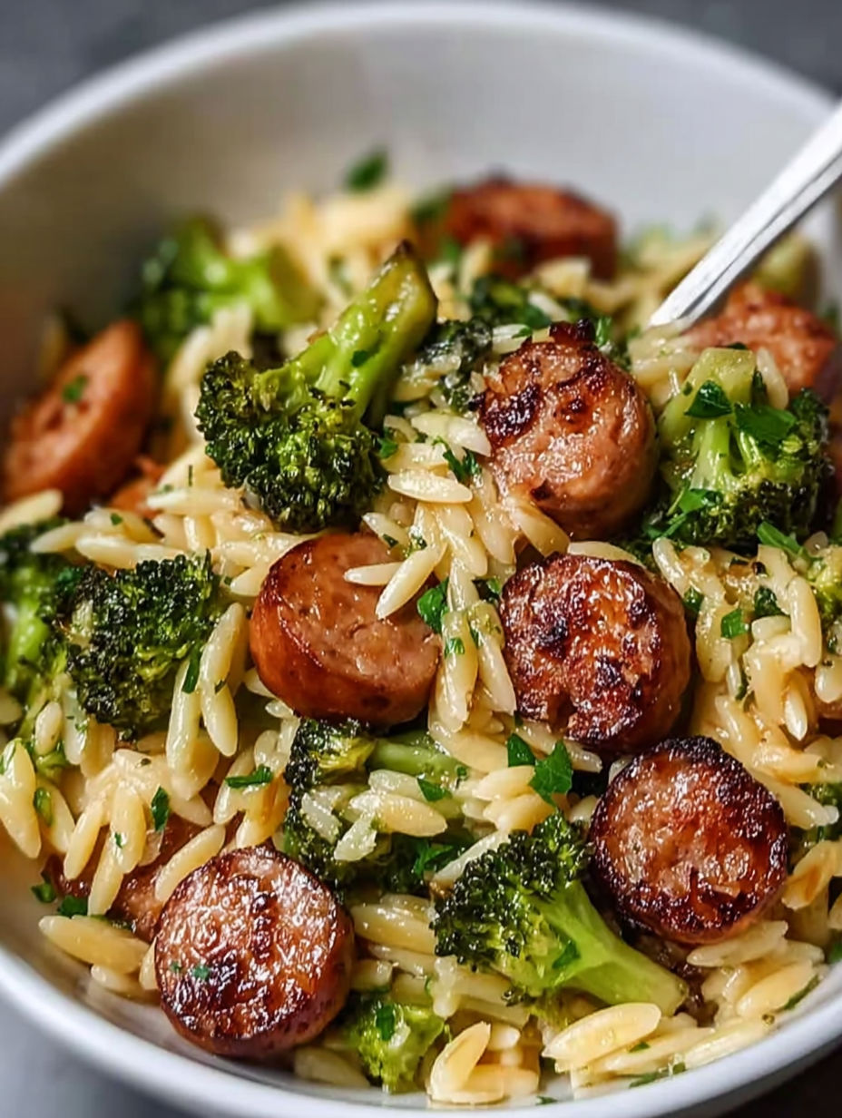 Schüssel mit Orzo, Hähnchenwurst und Brokkoli.