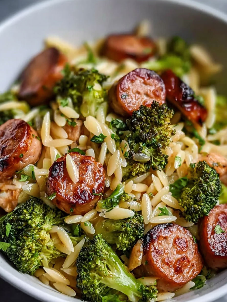 Teller mit Orzo, Brokkoli und Hähnchenwurst.