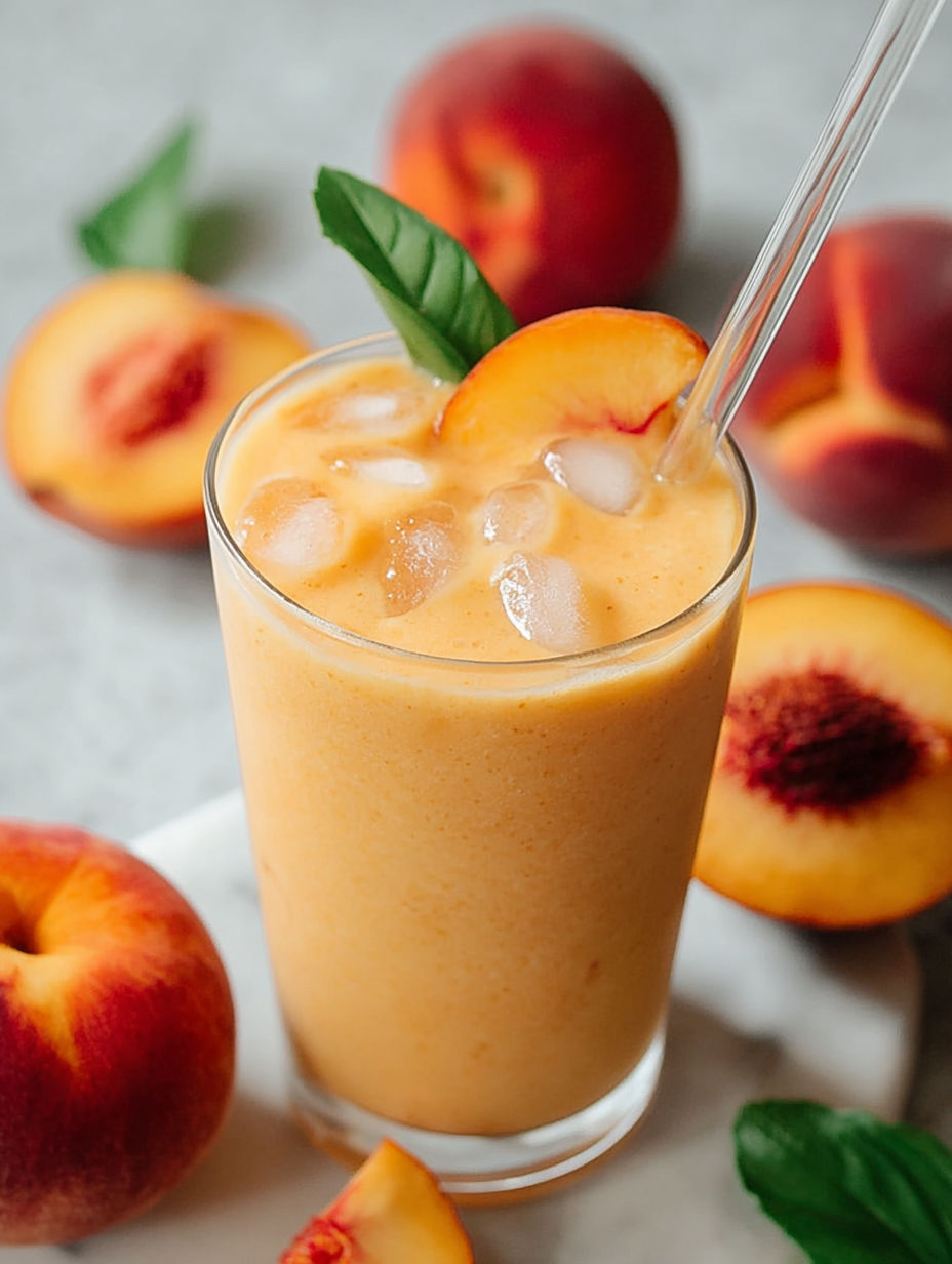 Ein Glas Pfirsichshake mit Eis und Minzblatt.