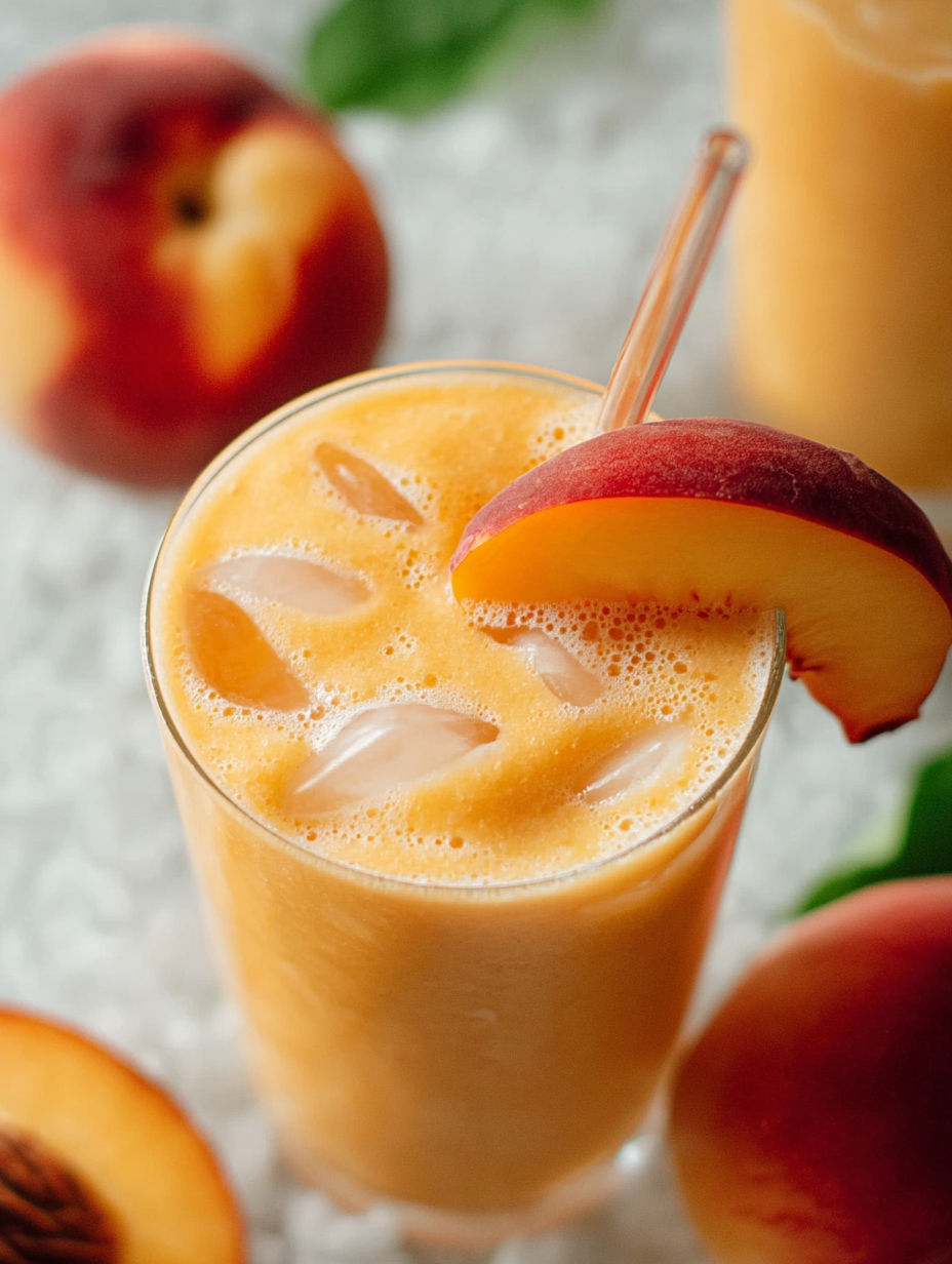 Glas mit Pfirsich-Smoothie und Pfirsichscheibe.