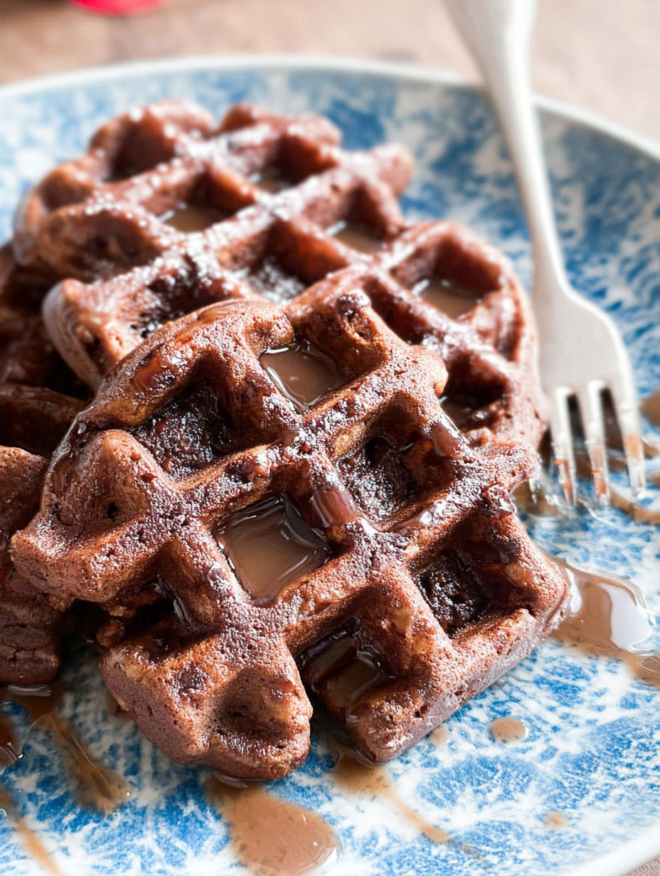 Ein Teller mit Brownies und Sirup drauf.