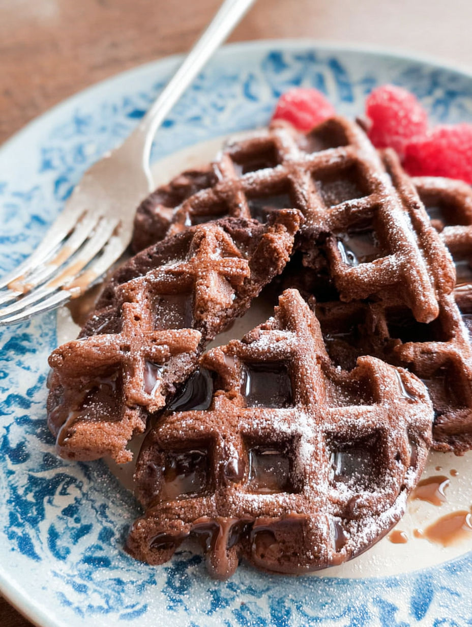 Schokoladenwaffeln auf einem Teller mit Himbeeren oben drauf.