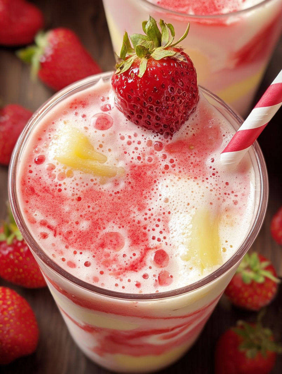 Ein Glas mit Erdbeer Colada Smoothie und einer Erdbeere obendrauf.