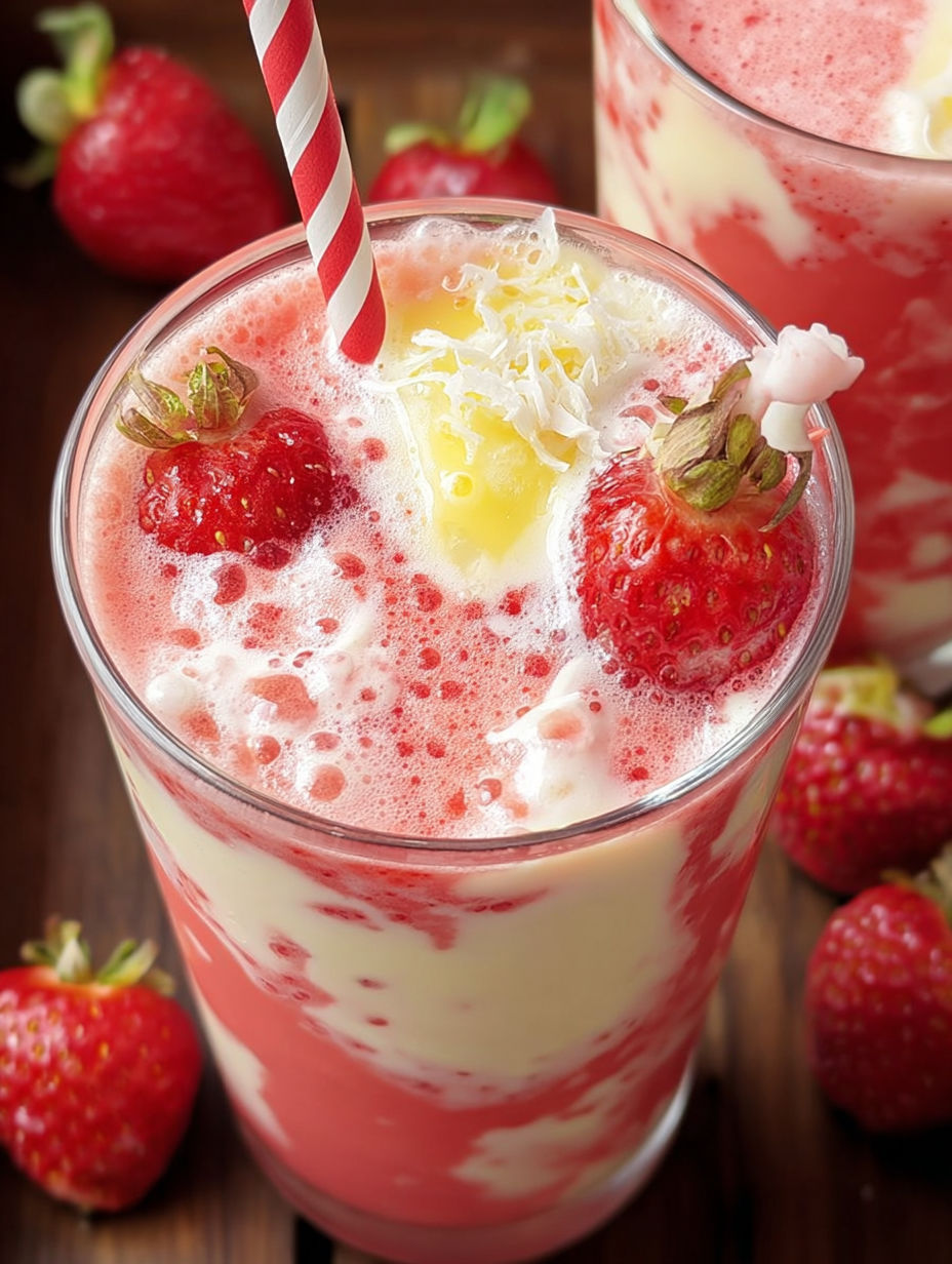 Ein Glas Erdbeer-Colada-Smoothie mit einer Erdbeere obendrauf.