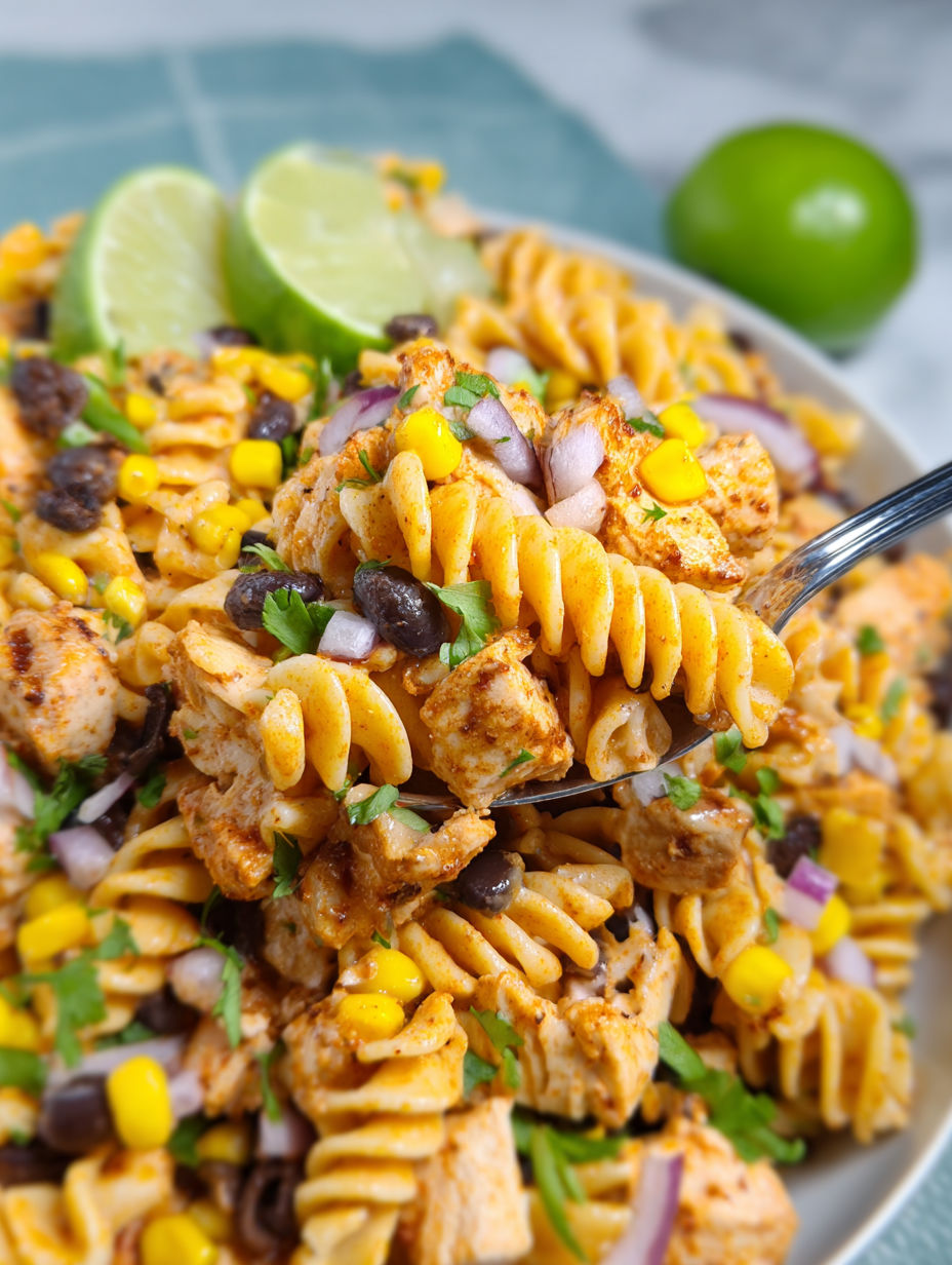 Teller Nudelsalat mit Huhn und Limette