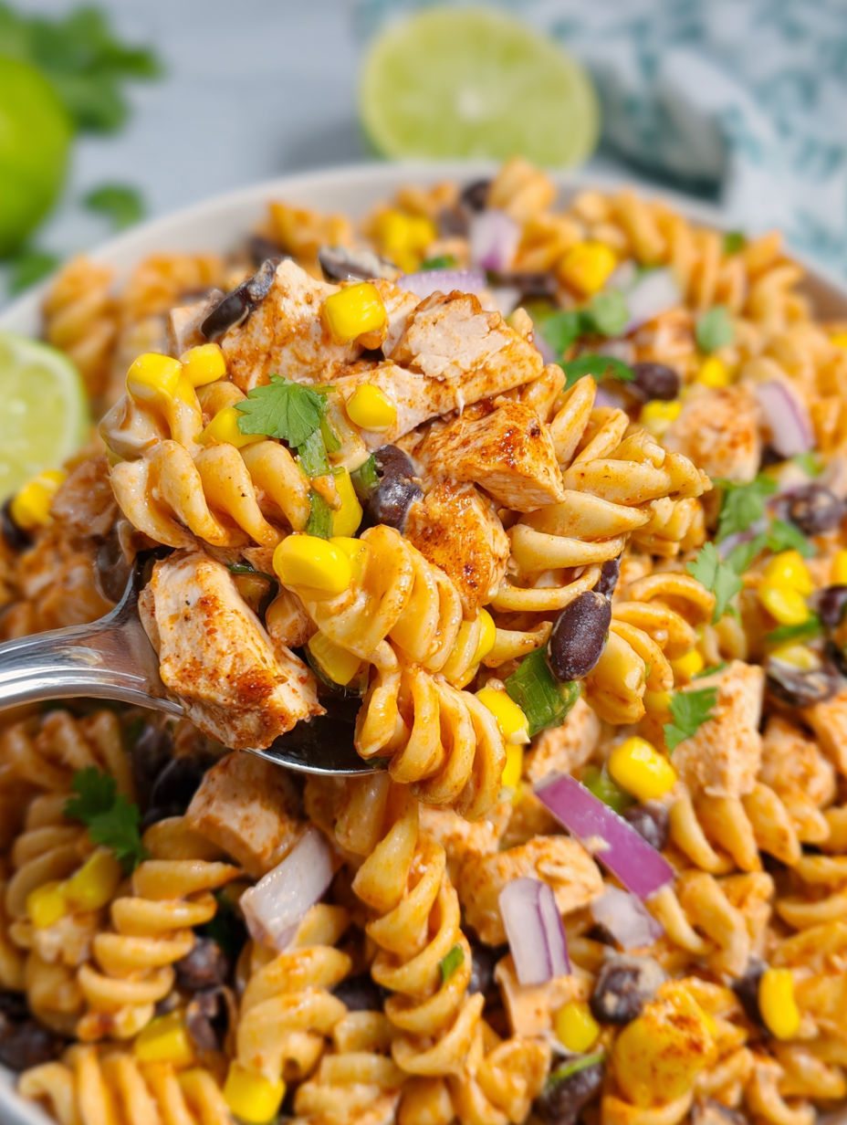 Eine Schüssel Nudeln mit Hähnchen und Gemüse.