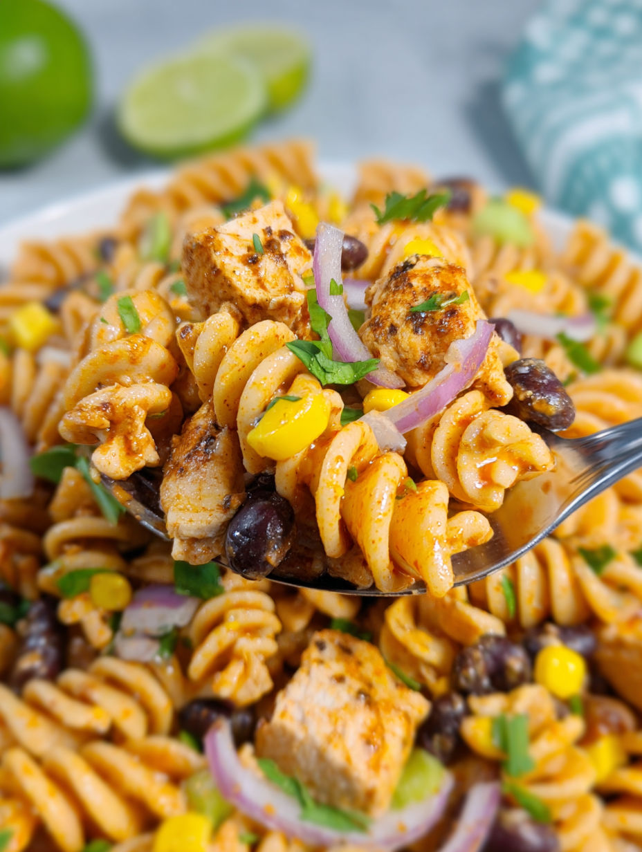 Eine Gabel mit Nudeln, Hähnchen und Gemüse.