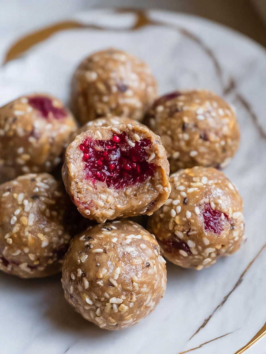 Ein Teller mit Erdnussbutter-Marmeladen-Eiweißkugeln.