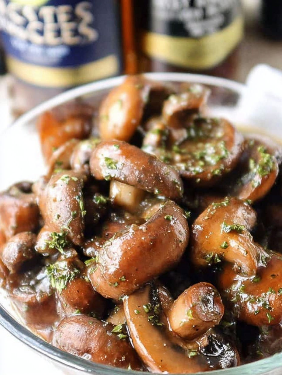 Pilze in einer Schüssel mit grüner Garnitur.