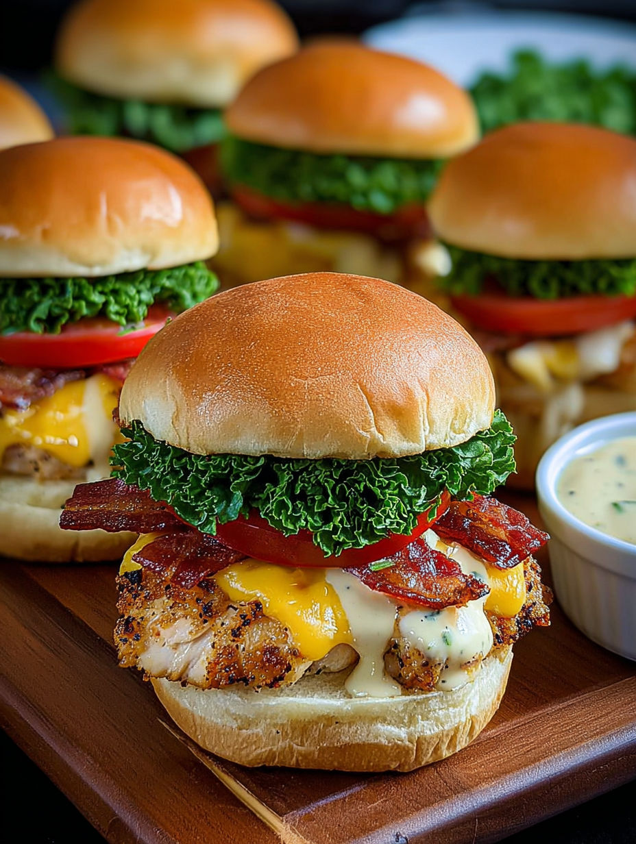 Teller mit kleinen Hähnchenbrötchen, Salat und Tomate.