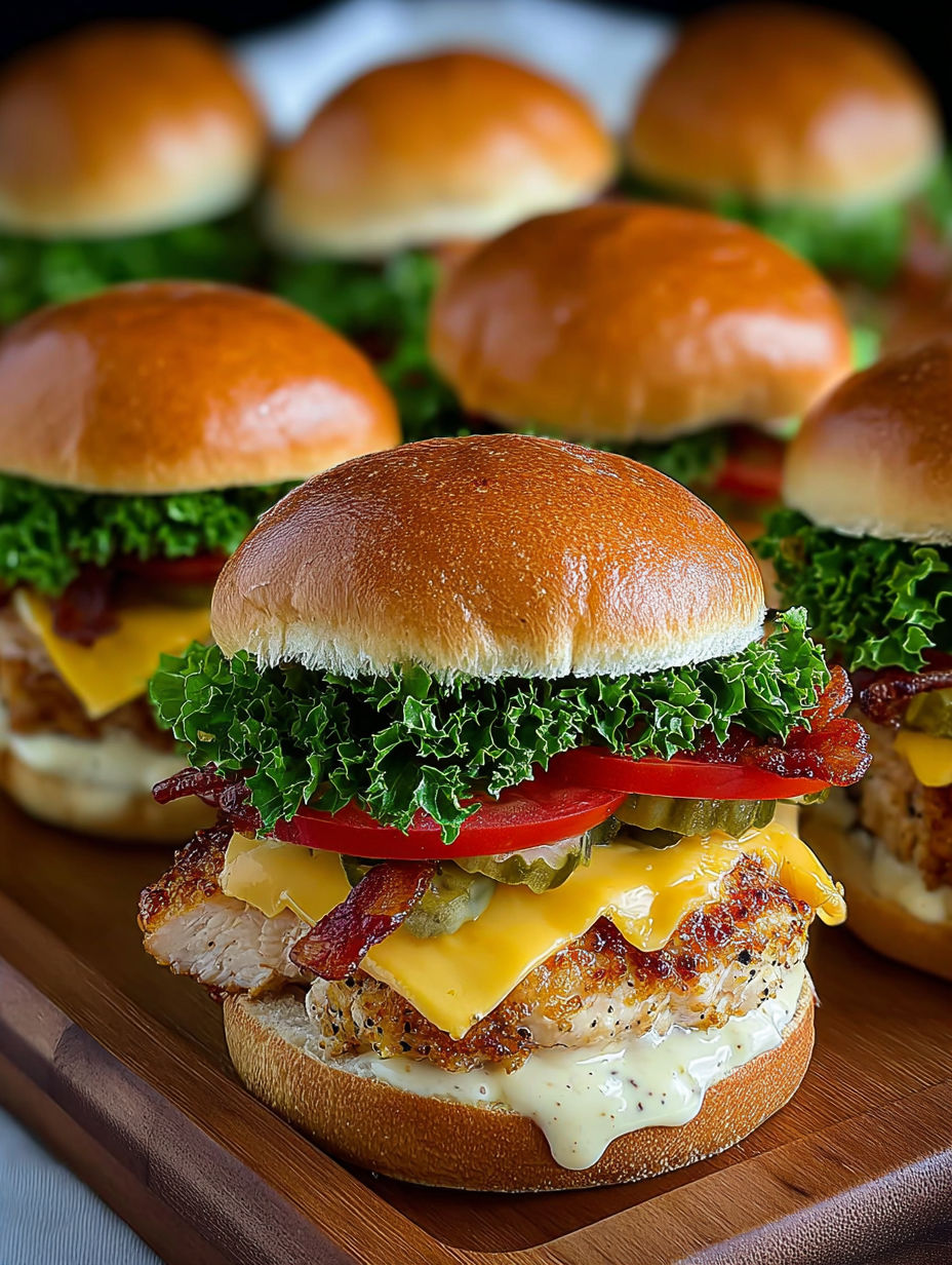 Ein Teller mit Honig-Senf-Hähnchen Mini-Burgern.