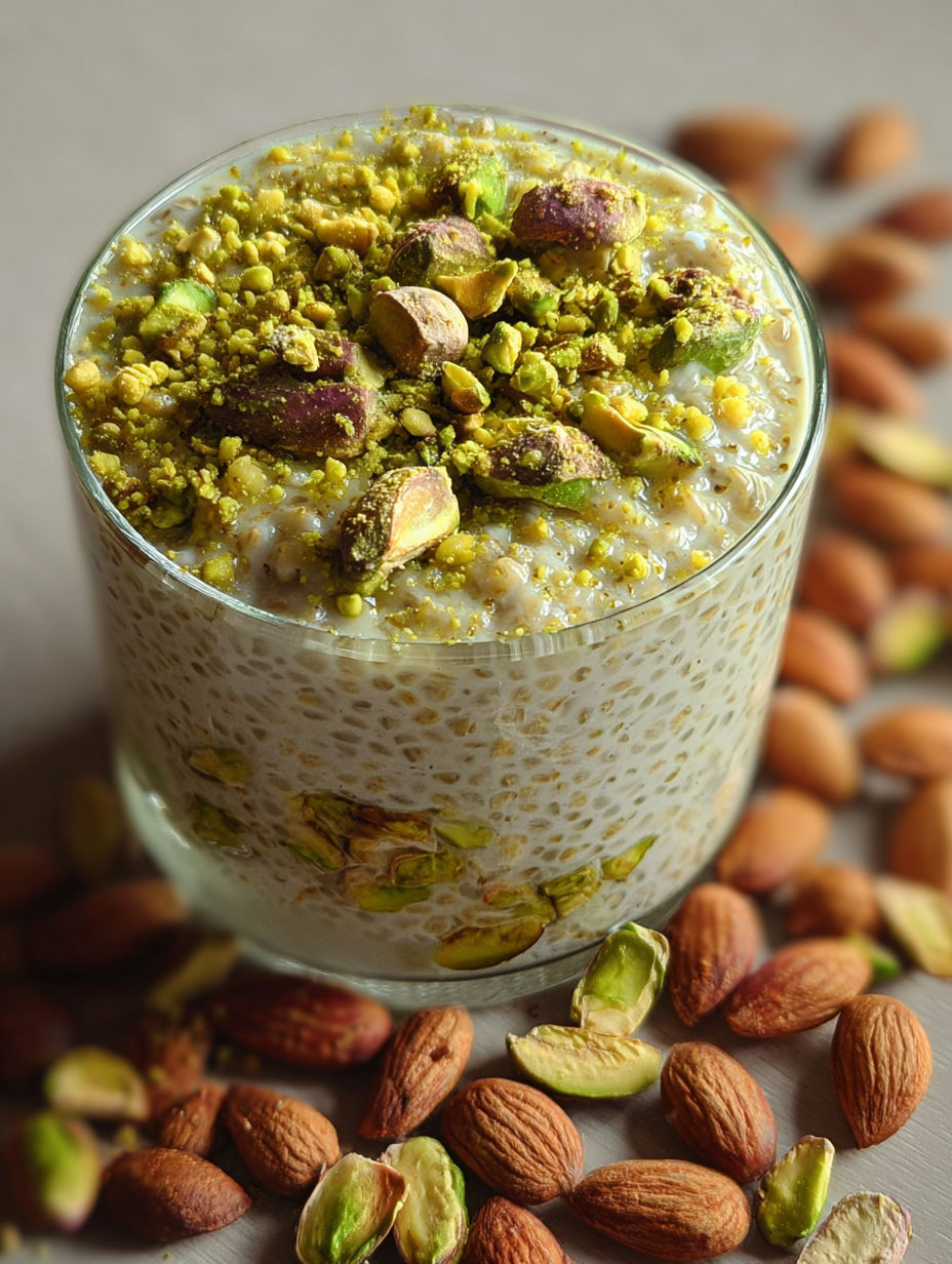 Ein Glas Pistazien-Haferflocken über Nacht.