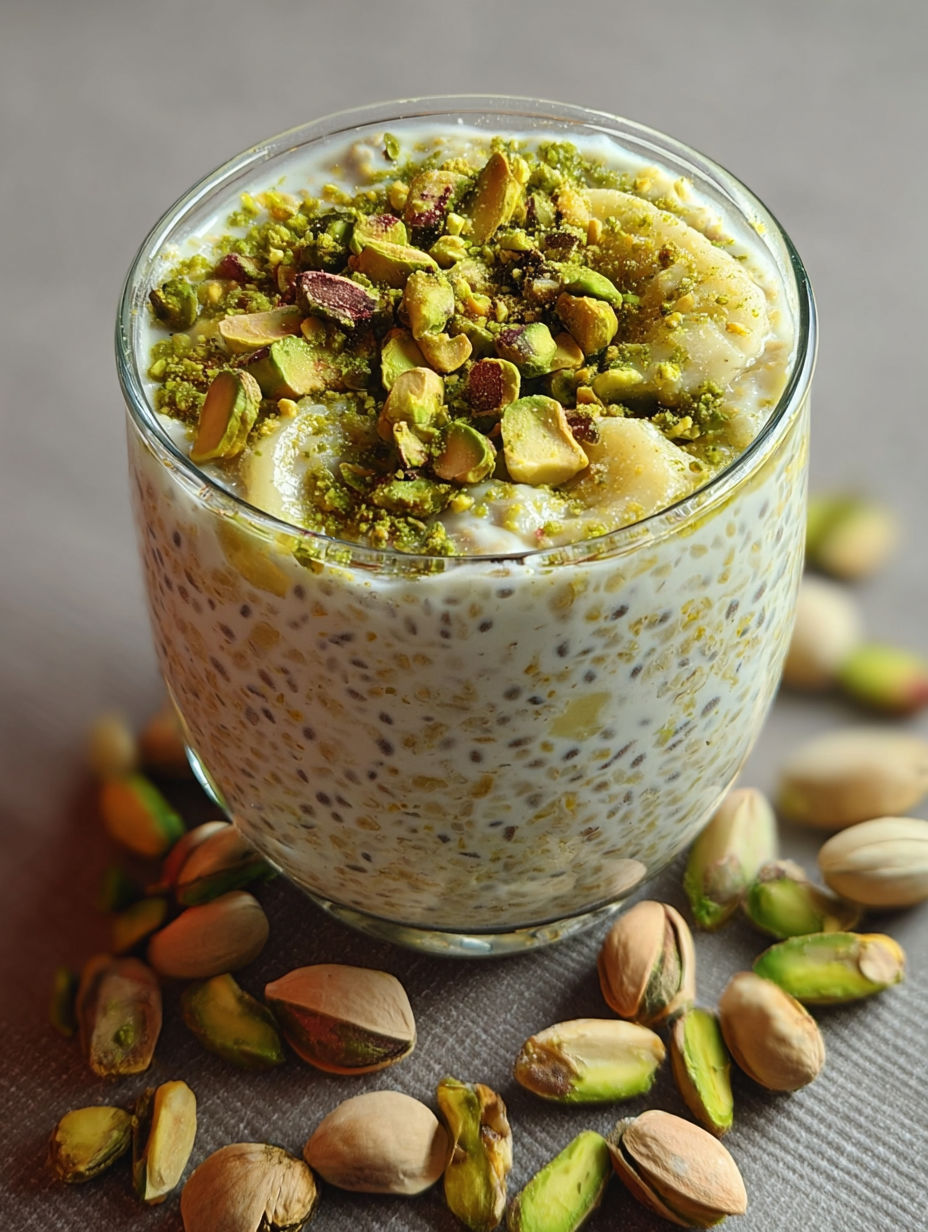 Ein Glas Pistazien-Haferflocken über Nacht.