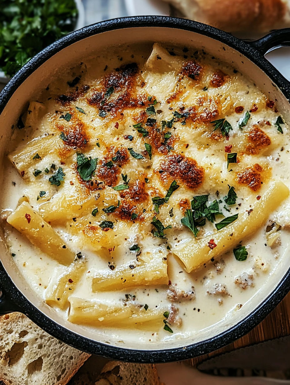 Eine Schüssel weiße Lasagne Suppe.