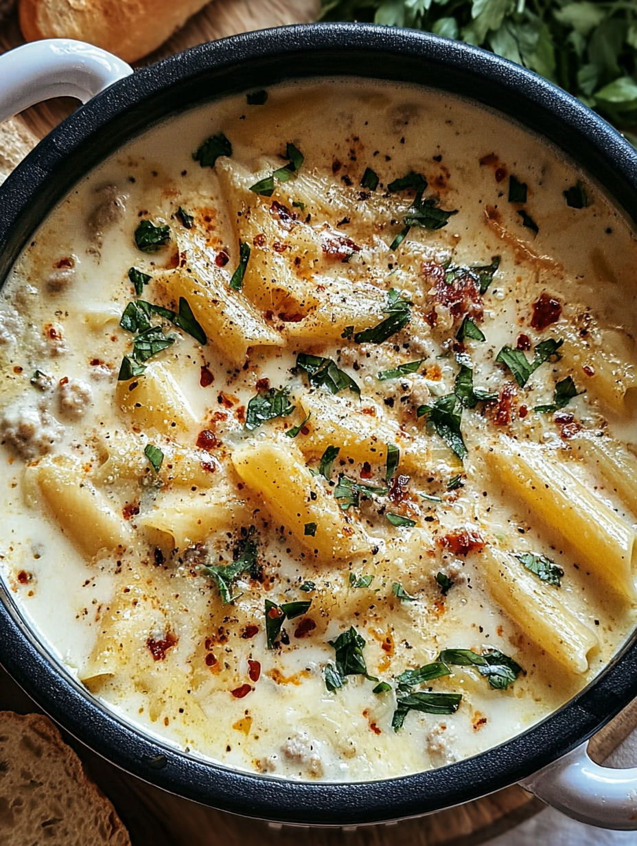 Eine Schüssel weiße Lasagnesuppe mit Nudeln und Käse.