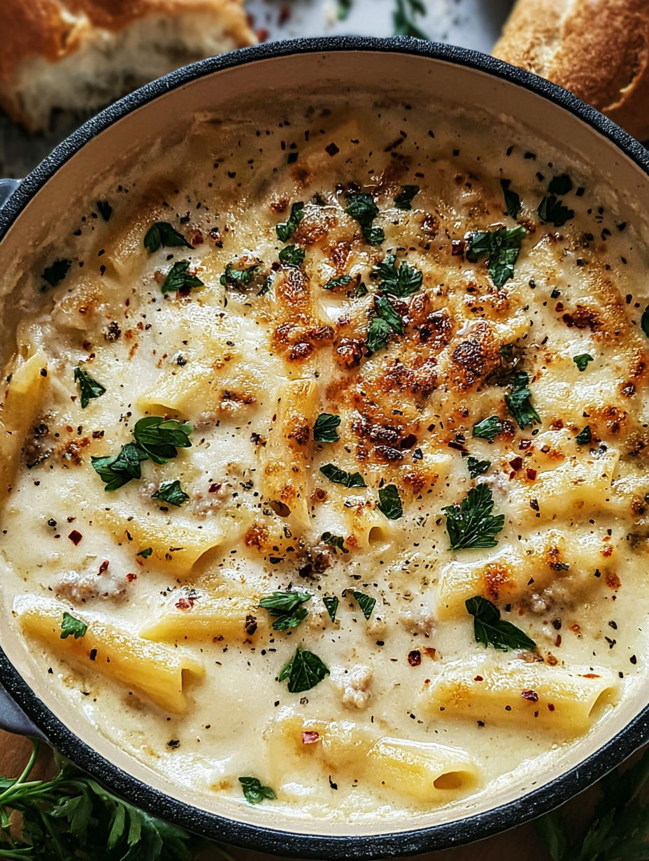 Eine Schüssel weiße Lasagnesuppe.