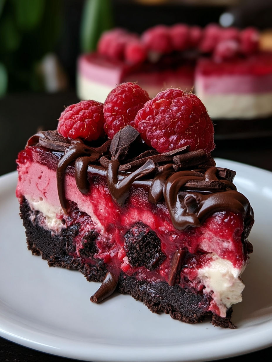 Ein Stück dunkler Schoko-Himbeer Kuchen.