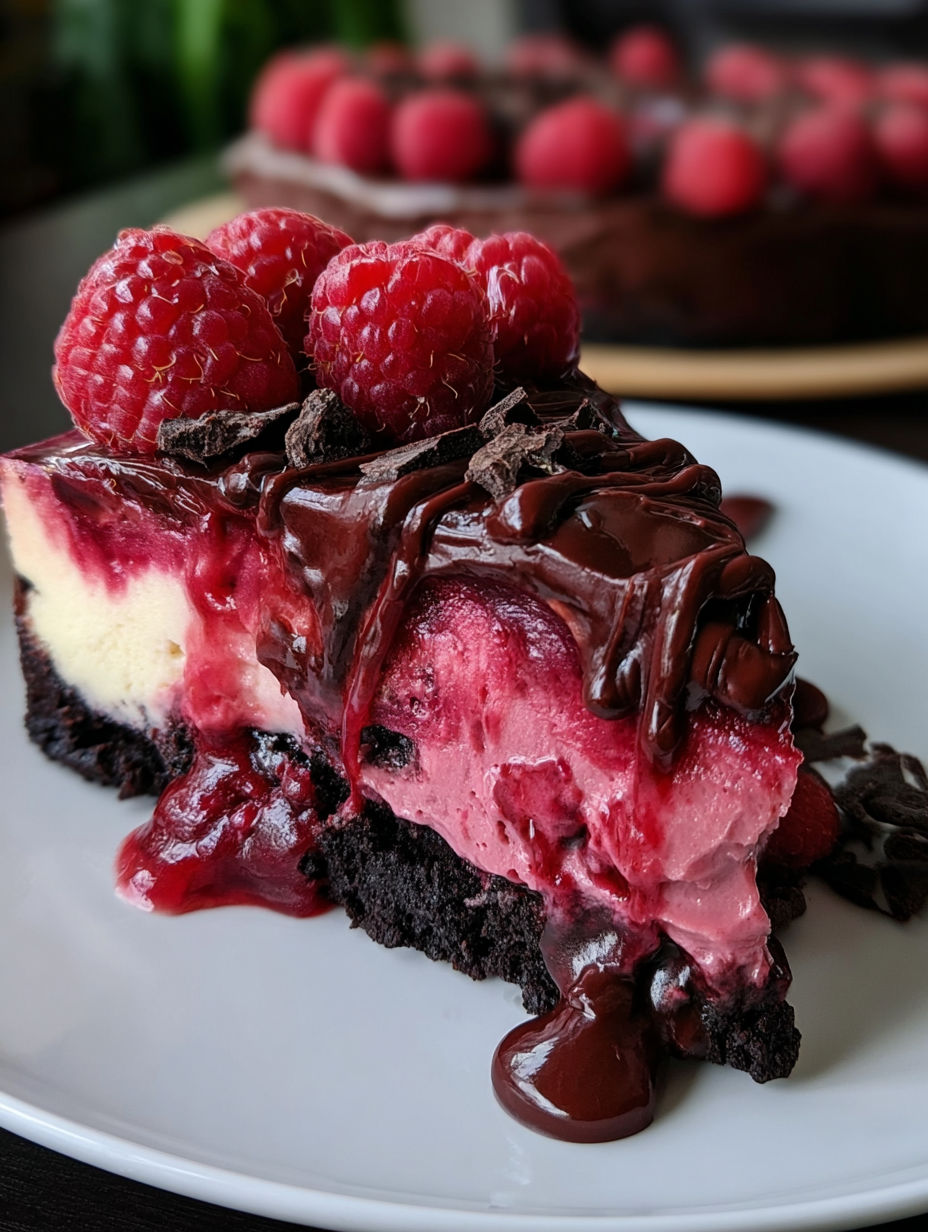 Ein Stück dunkler Schoko-Himbeer-Käsekuchen.