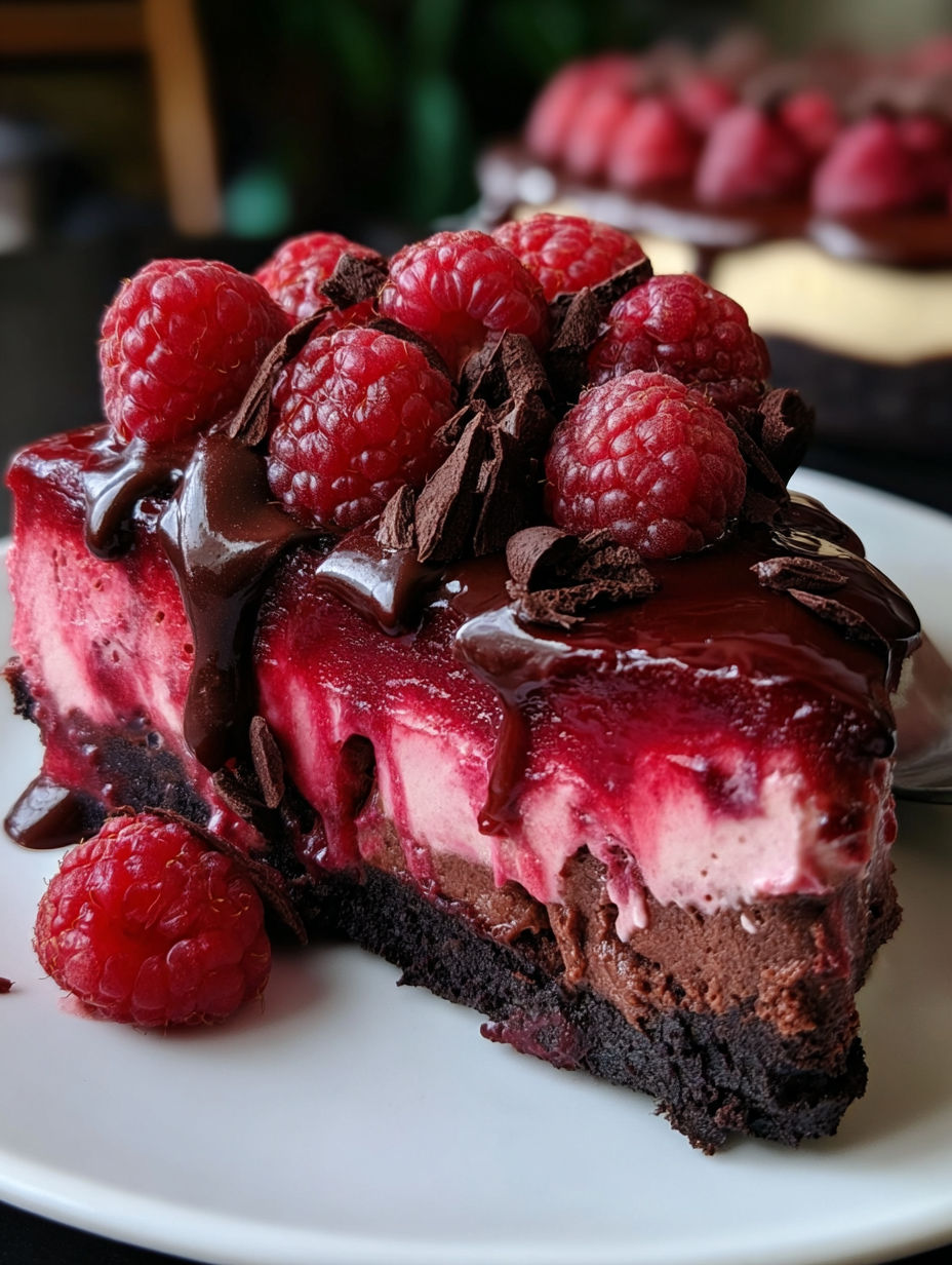 Ein Stück dunkler Schoko-Himbeer-Käsekuchen.