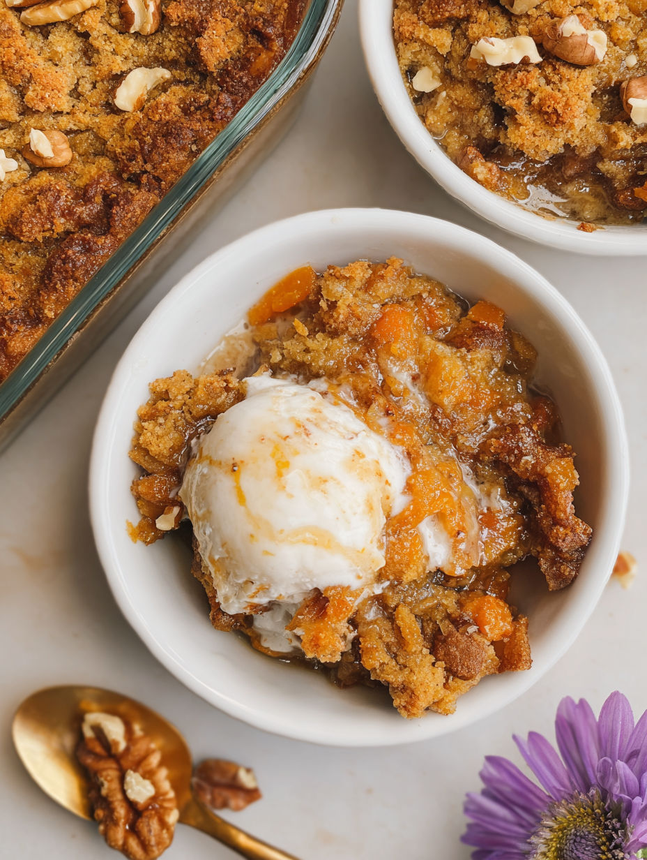 Eine Schüssel Karotten Cobbler mit einer Kugel Eis oben drauf.