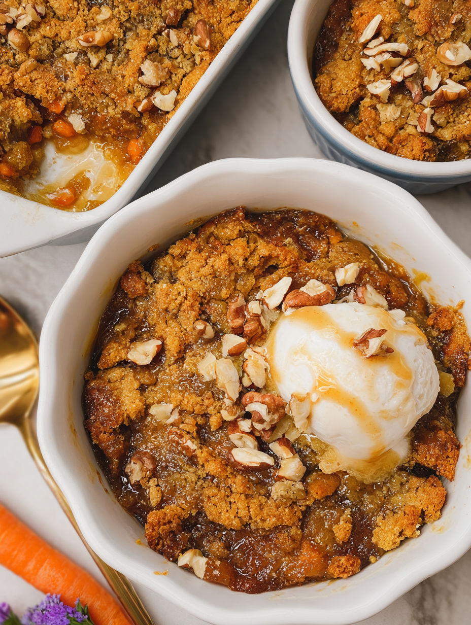 Ein Schälchen Möhrenkuchen-Auflauf mit einer Kugel Eis obendrauf.