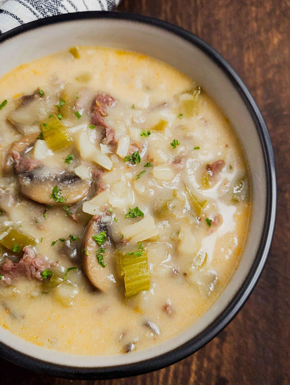Eine Schüssel Suppe mit Pilzen und Frühlingszwiebeln.