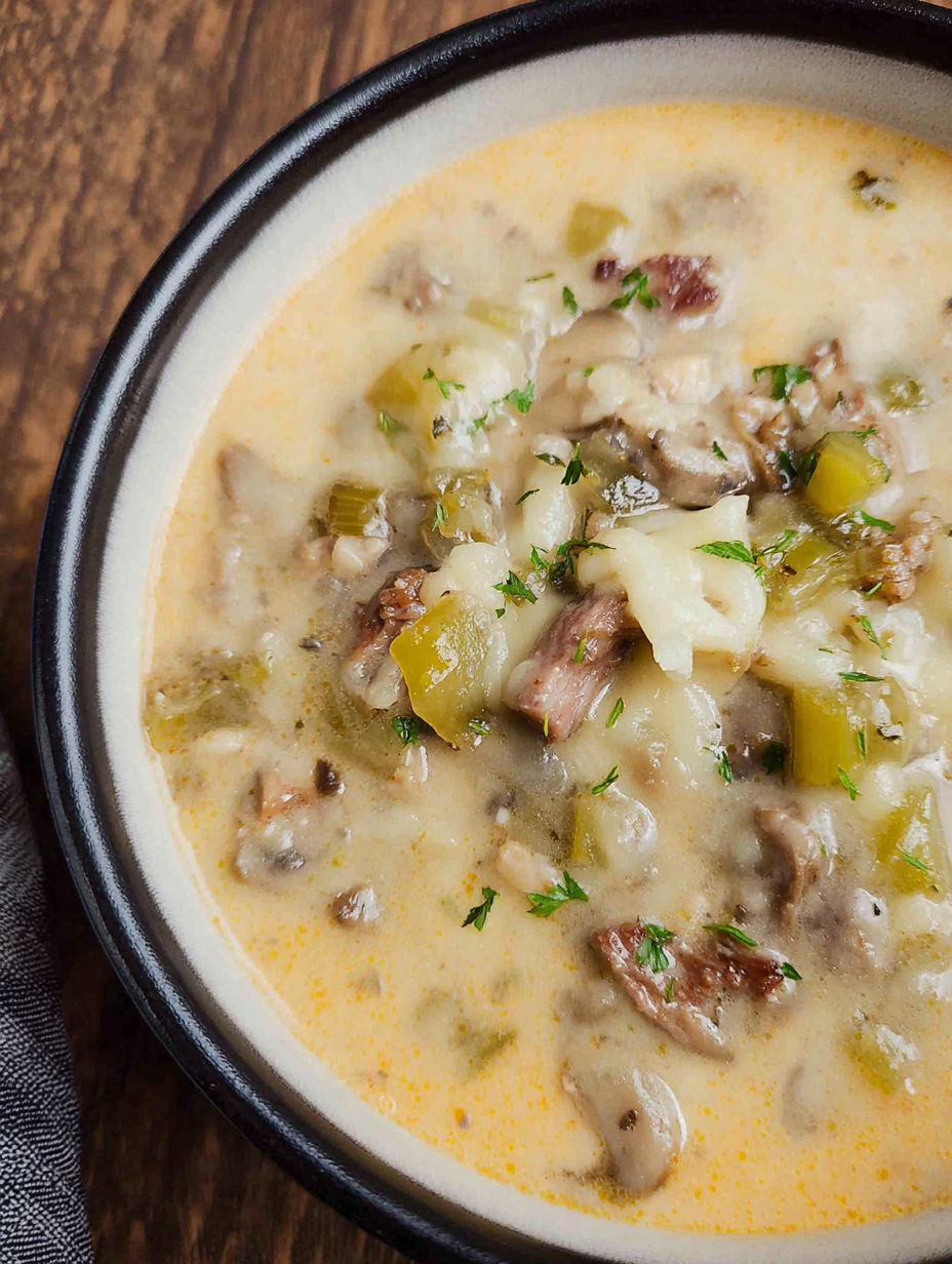 Eine Schale Suppe mit Fleisch und Gemüse.