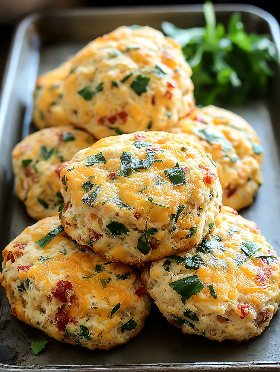 Ein Stapel Biscuits mit Käse und Spinat.