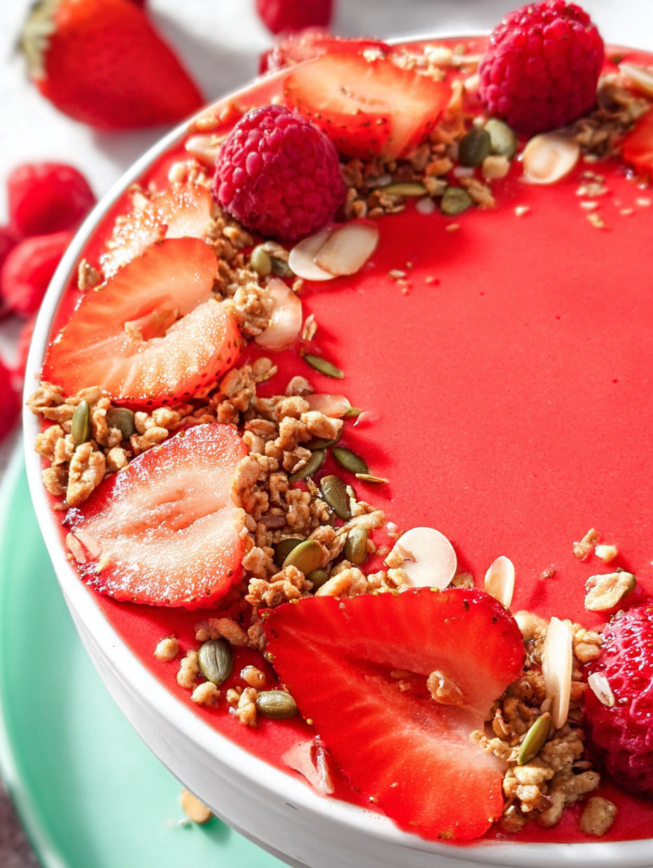Eine Schale Erdbeer-Smoothie mit Nüssen oben drauf.