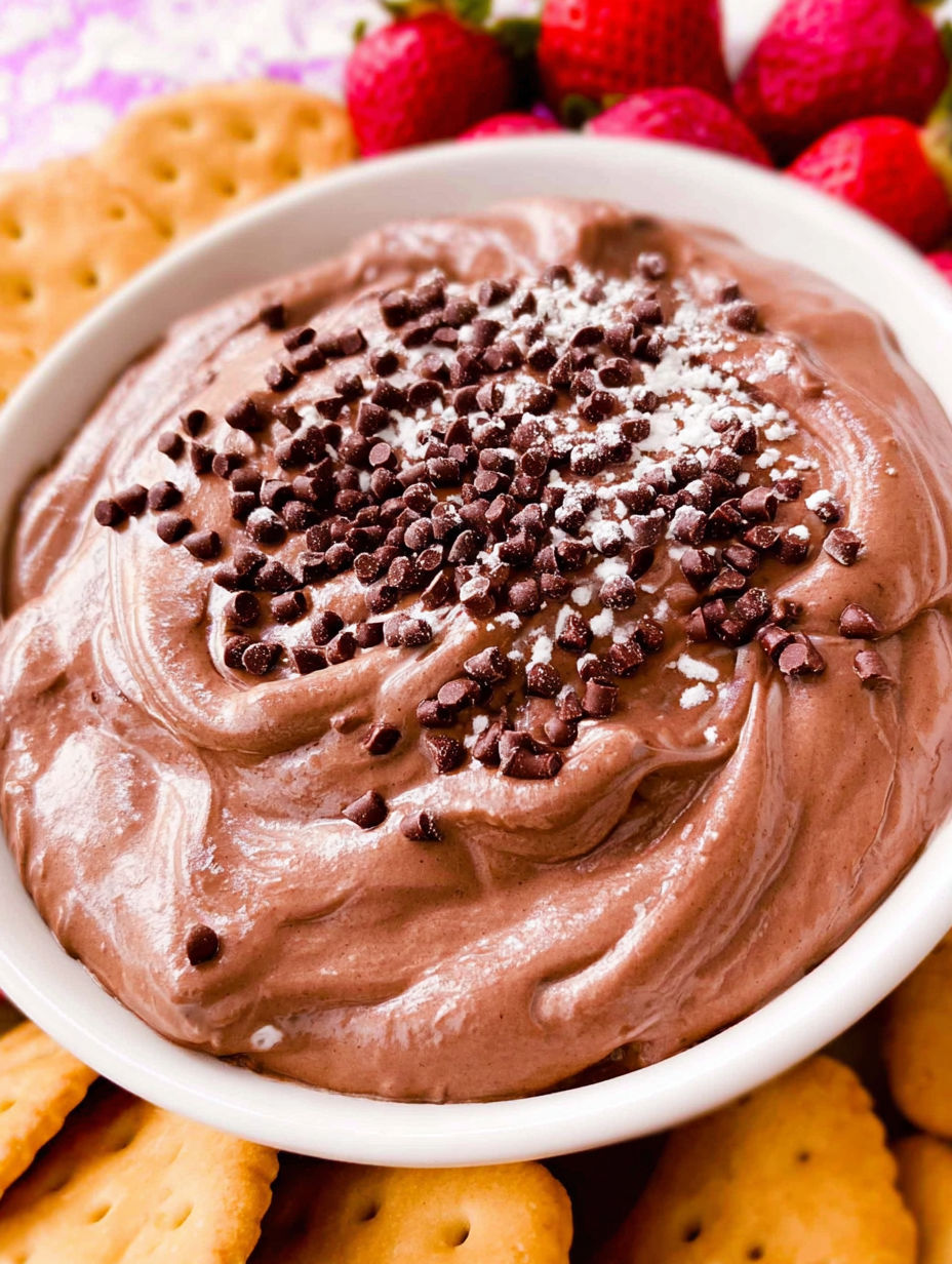 Eine Schale Brownie-Dip mit Schokostückchen obendrauf.