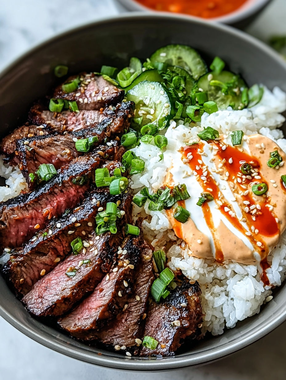 Eine Schüssel mit Reis, Fleisch und Gemüse.