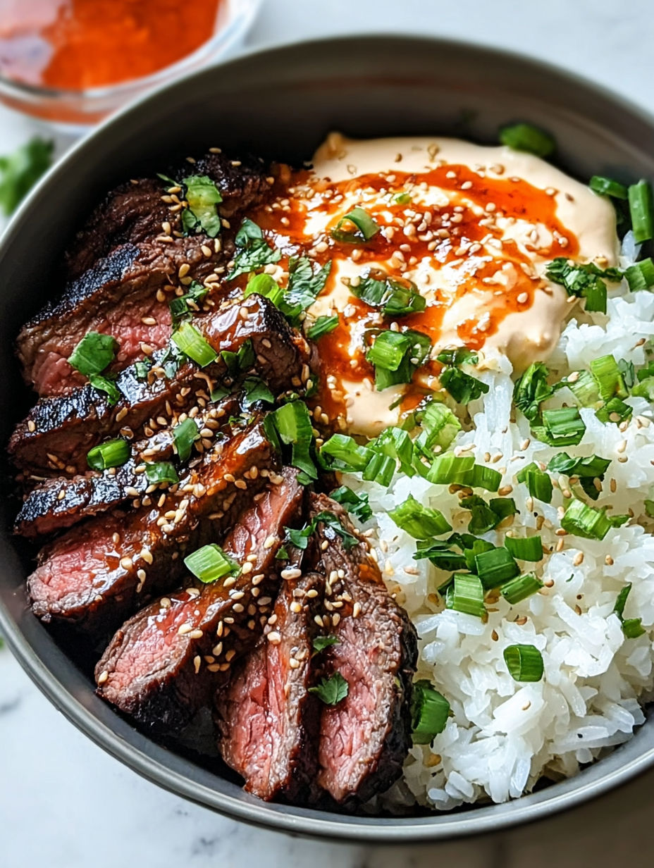 Eine Schale mit Reis und Fleisch.