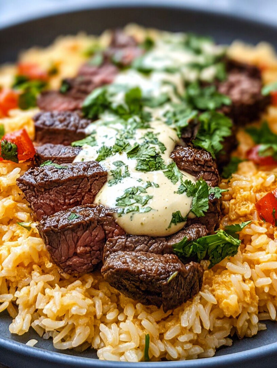 Ein Teller mit Reis, Fleisch und Käse.